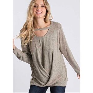 Oatmeal Choker Neck With Cut Out Detail Long Sleeve Top